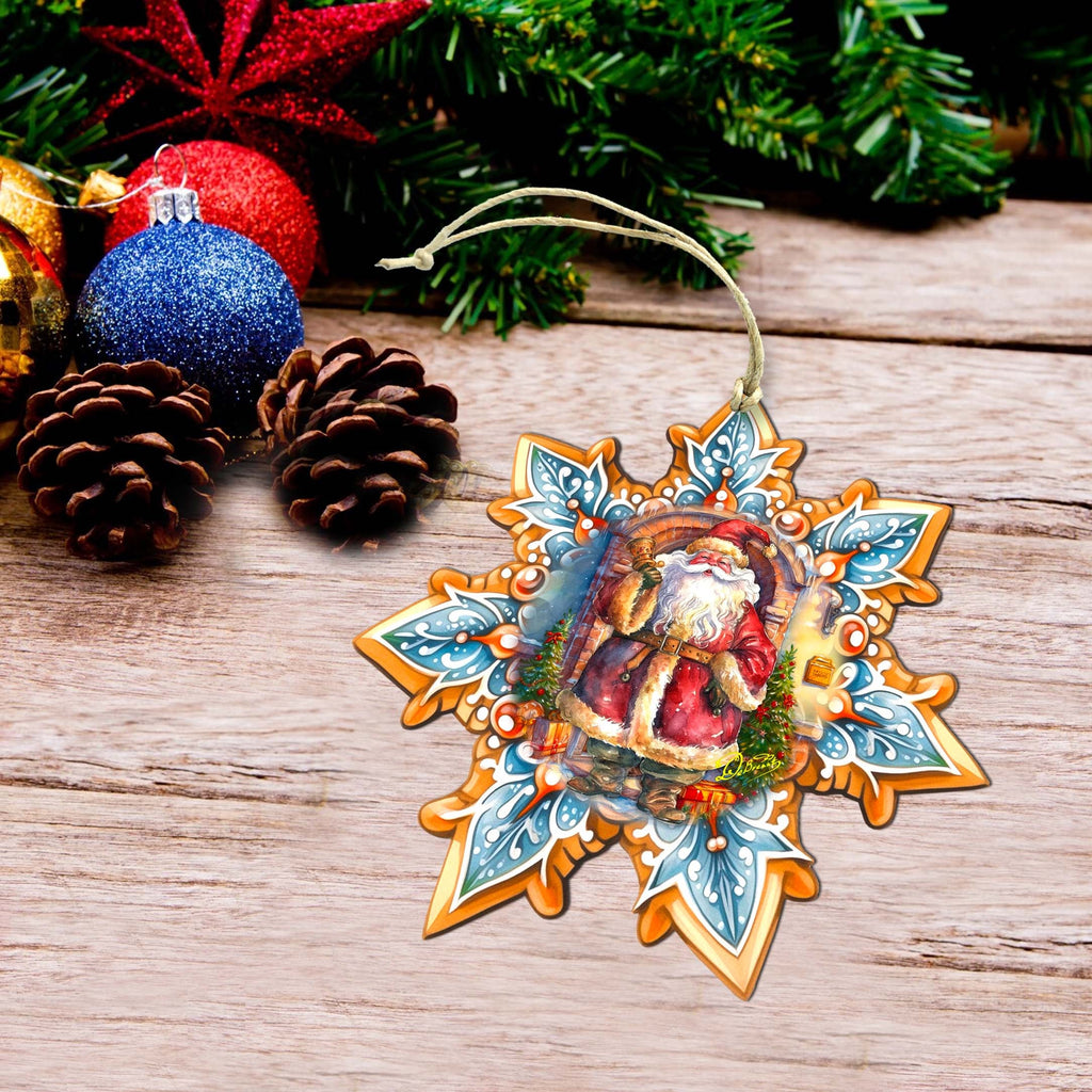 Santa with Bell Snowflake Large Wooden Ornament by G. Debrekht - Christmas Santa Snowman Decor - 8688419M