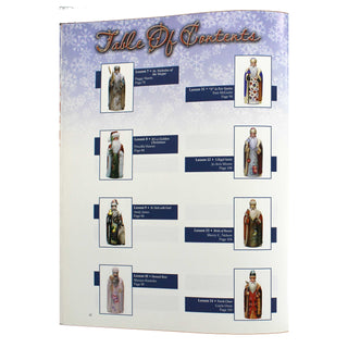 The image is a page from a book or magazine with a list of Christmas-themed items, including figurines and illustrations of Santa Claus, a rooster, and other holiday-related objects.