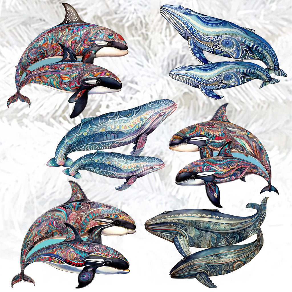 Embracing Whales Clip-On Eco Wood Decorative Ornaments Set of 6 by G. Debrekht - Wildlife Decor - 8090107C-S6