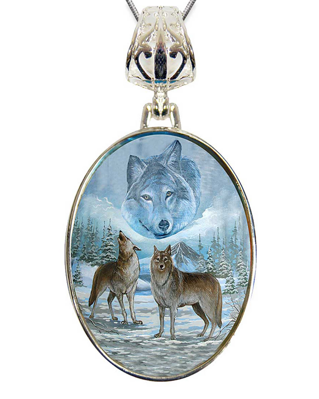 A pendant with a painting of two wolves in a snowy forest, with a large wolf in the background.