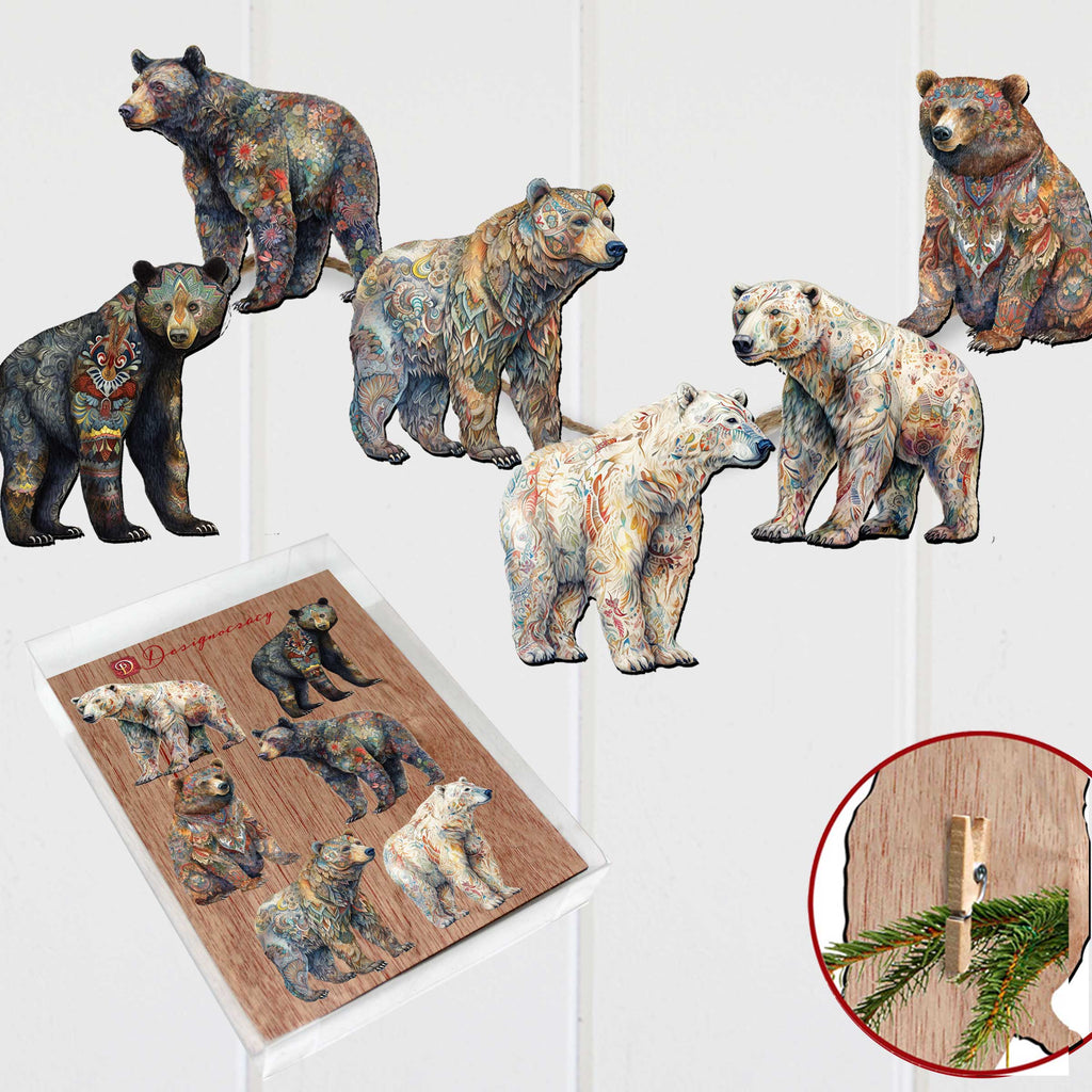 Bear Parade Clip-On Eco Wood Decorative Ornaments Set of 6 by G. Debrekht - Wildlife Decor - 8090106C-S6
