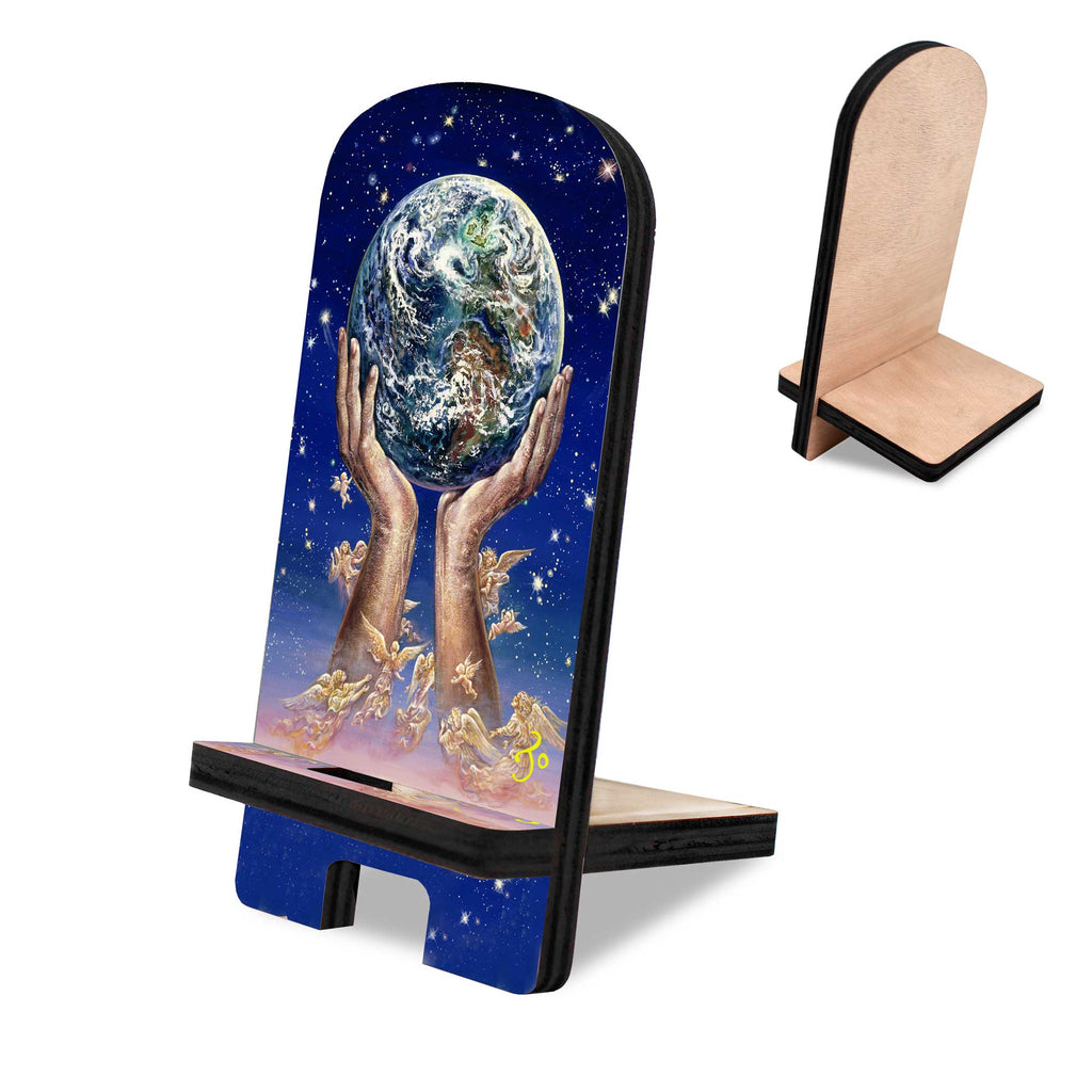 World In My Hands Cell Phone Stand Inspirational Decor Wood Mobile Tablet Holder Charging Station Organizer by Josephine Wall - 892081-JW