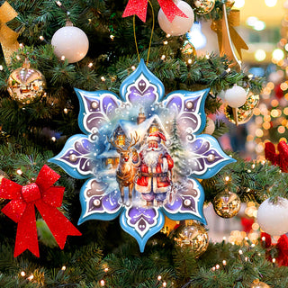 Santa with Reindeer Snowflake Large Wooden Ornament by G. Debrekht - Christmas Santa Snowman Decor - 8688405M