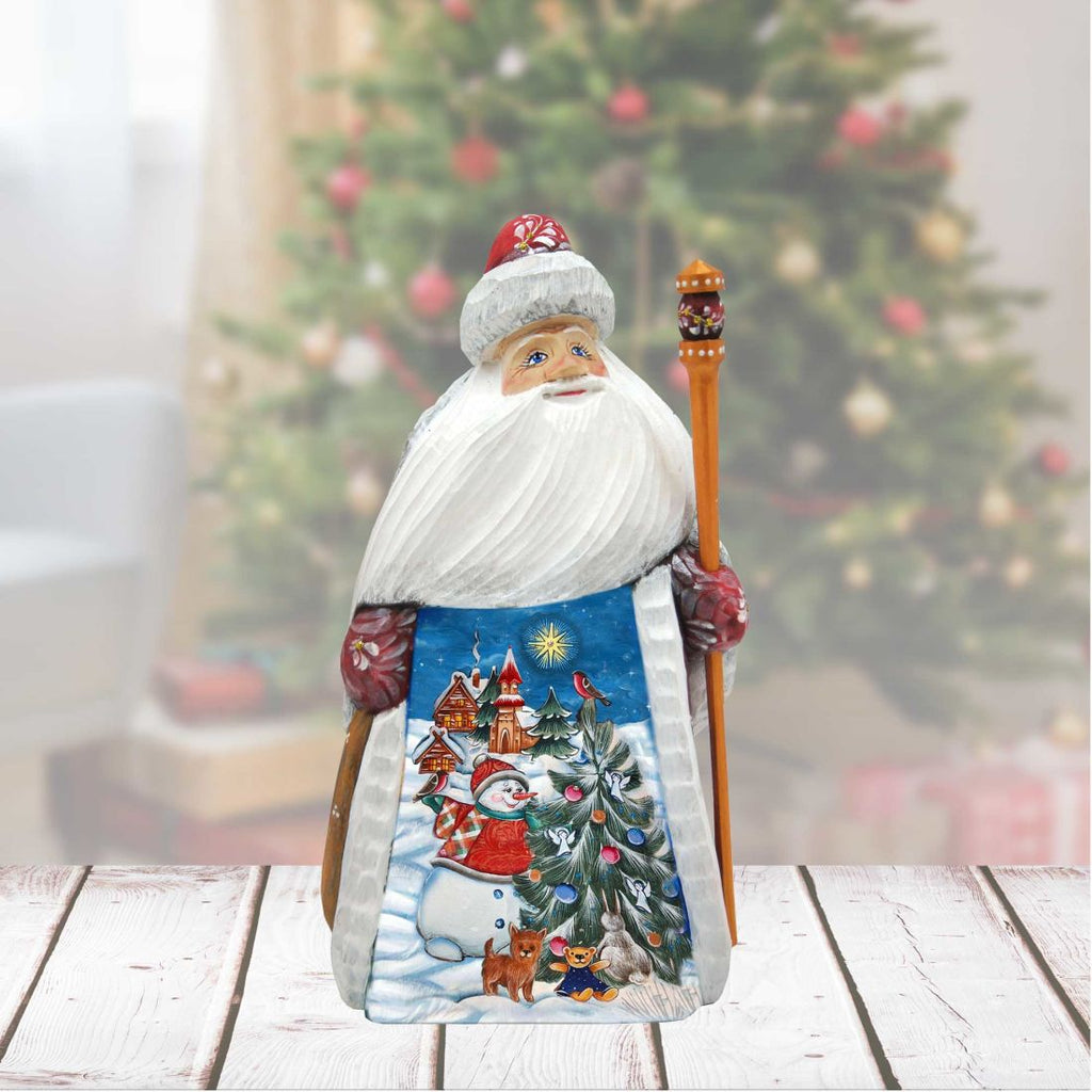 Frosty and the Christmas Tree Hand-Painted WOODCARVED Figurine by G. DeBrekht - Christmas Santa Snowman Decor - 8209012