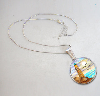 Light House Silver Plated Mother of Pearl Jewelry Pendant Necklace Coastal - 44049
