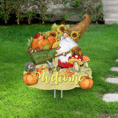 Outdoor Garden Stakes Fall Decoration - Harvest Gnome Welcome Sign - Wheelbarrow Cornucopia - Handmade Gift - Autumn Adornment - Wooden Ornament by Susan Winget - 8471207M-SW