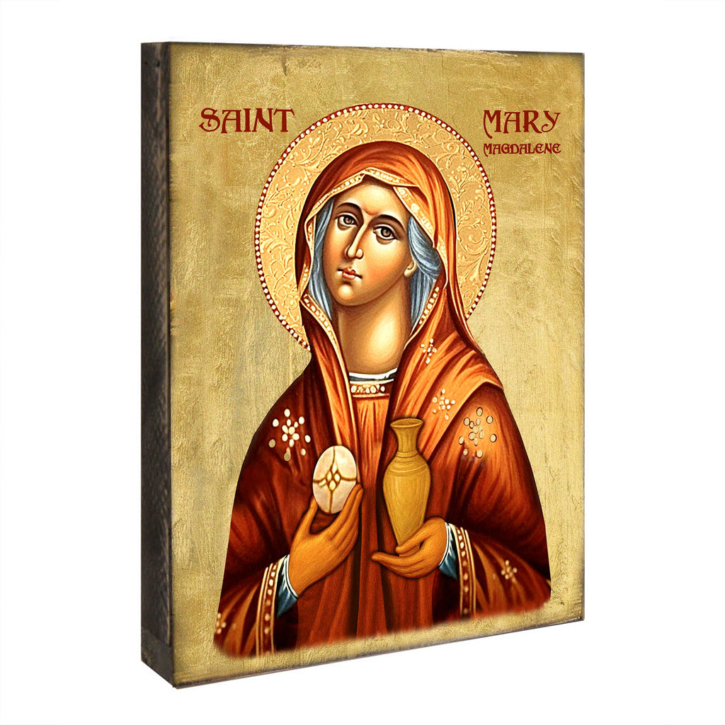 a religious icon of Saint Mary Magdalene, with the text