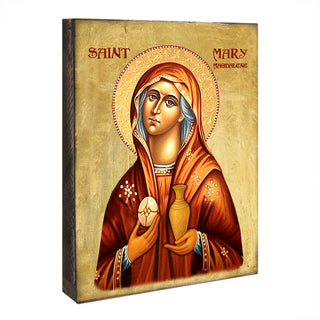 a religious icon of Saint Mary Magdalene, with the text