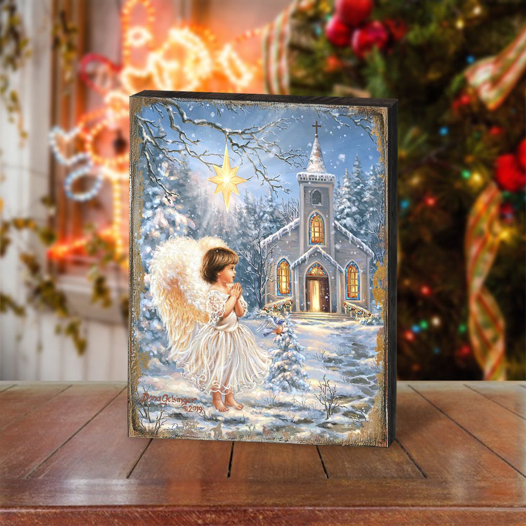 Angel at the Chapel Art Wooden Wall Art by D. Gelsinger - Nativity Holiday Decor - 95659B-1606