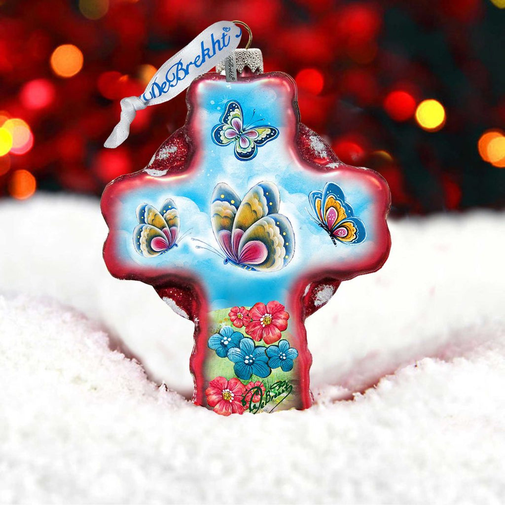 Butterflies Cross Red Glass Ornament by G. DeBrekht - Nativity Holiday Decor - 758-001R