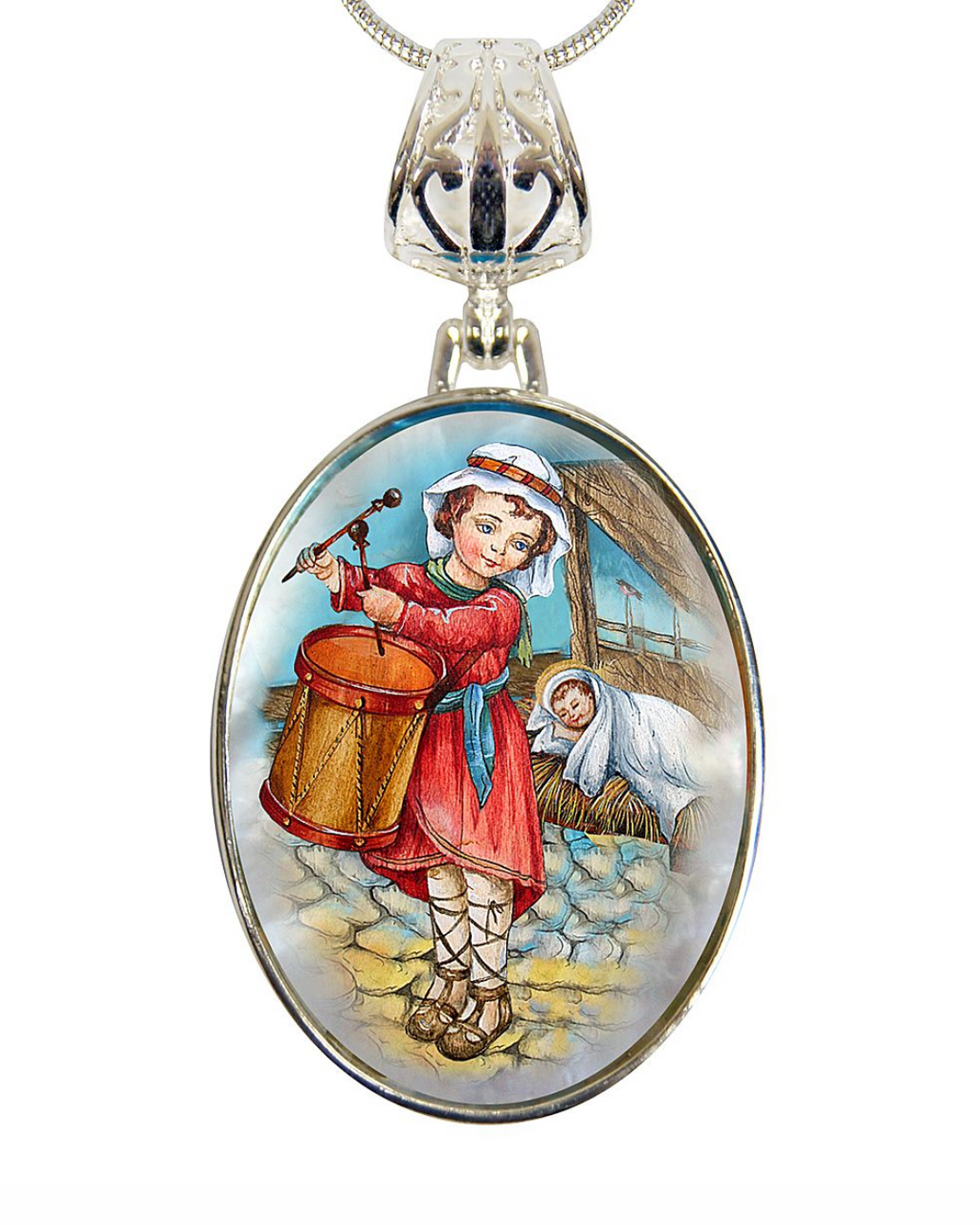 a pendant with a painting of a young girl playing a drum, accompanied by a painting of a woman lying down.