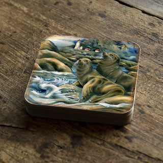 Lions of the Sea Wooden Cork Coasters Gift Set of 4 by J. Bergsma - Coastal Wildlife Decor - 8199466C-S4