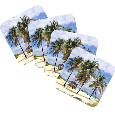 a collection of four identical images depicting a tropical beach scene with palm trees and a sandy beach.