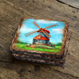 Windmills Wooden Cork Coasters Gift Set of 4 by Nature Wonders - Nature Wildlife Decor - 95406C-S4