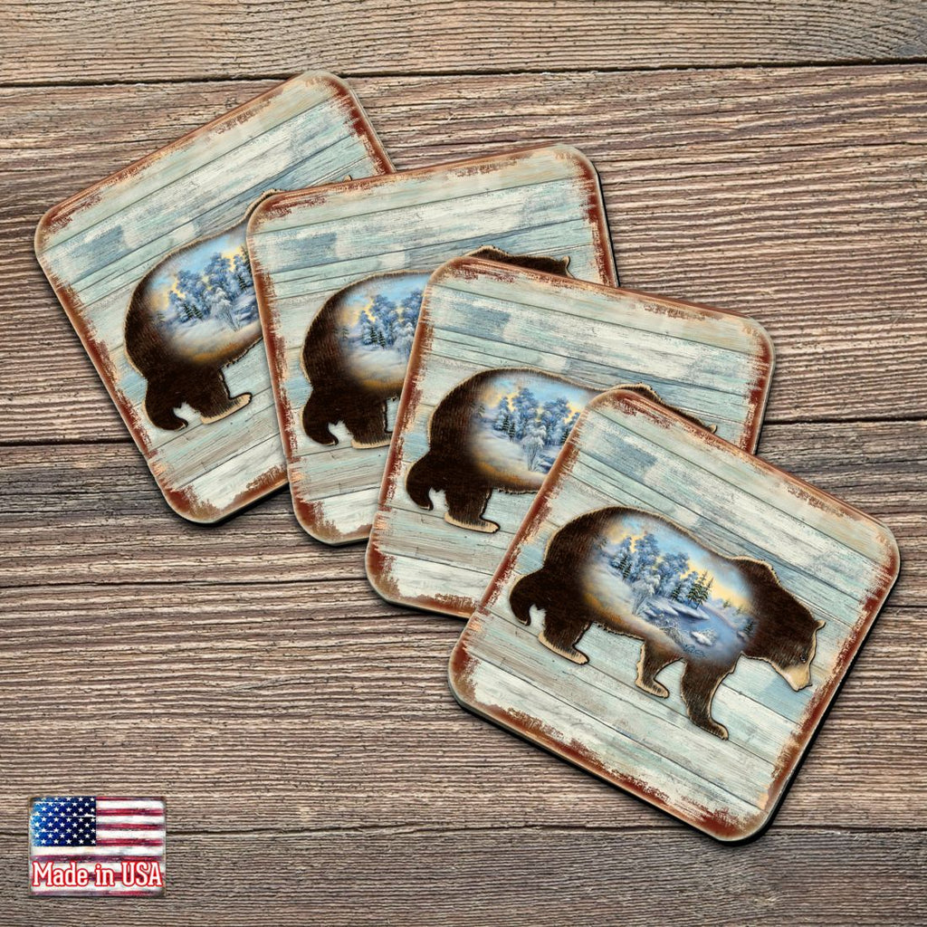 Bear Wooden Cork Coasters Gift Set of 4 by Nature Wonders - Nature Wildlife Decor - 8198215-9C-S4