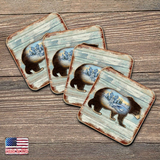 Bear Wooden Cork Coasters Gift Set of 4 by Nature Wonders - Nature Wildlife Decor - 8198215-9C-S4