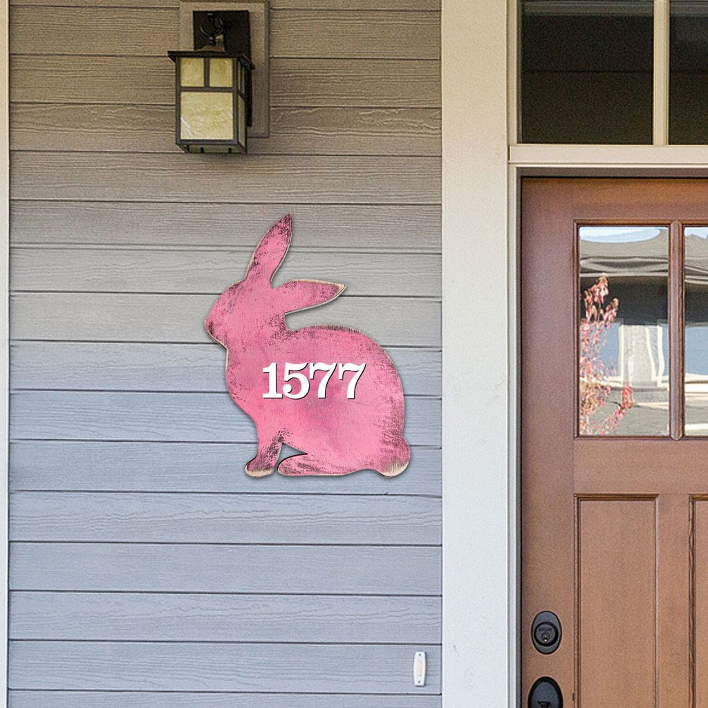 Pink Bunny Wooden Custom House Number Sign by G. DeBrekht - Easter Spring Decor - Handcrafted Wooden Handcrafted Wooden Handcrafted Wooden Address Sign - MA981341