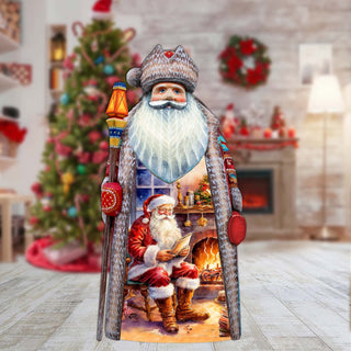 Fireside Magic List Santa Hand-Painted WOODCARVED Masterpiece by G. DeBrekht - Christmas Santa Snowman Decor - 210236SE