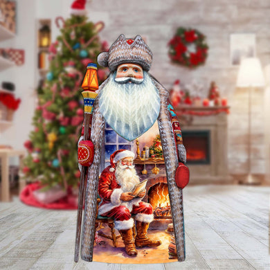 Fireside Magic List Santa Hand-Painted WOODCARVED Masterpiece by G. DeBrekht - Christmas Santa Snowman Decor - 210236SE