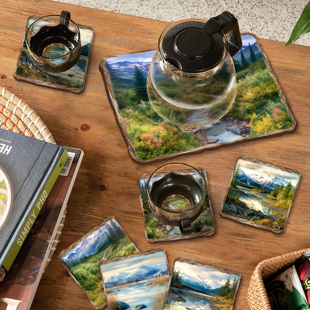 Mountain River Wooden Cork Placemat and Coasters Gift Set of 7 by Nature Wonders Nature Wildlife Decor - 85407C-S7