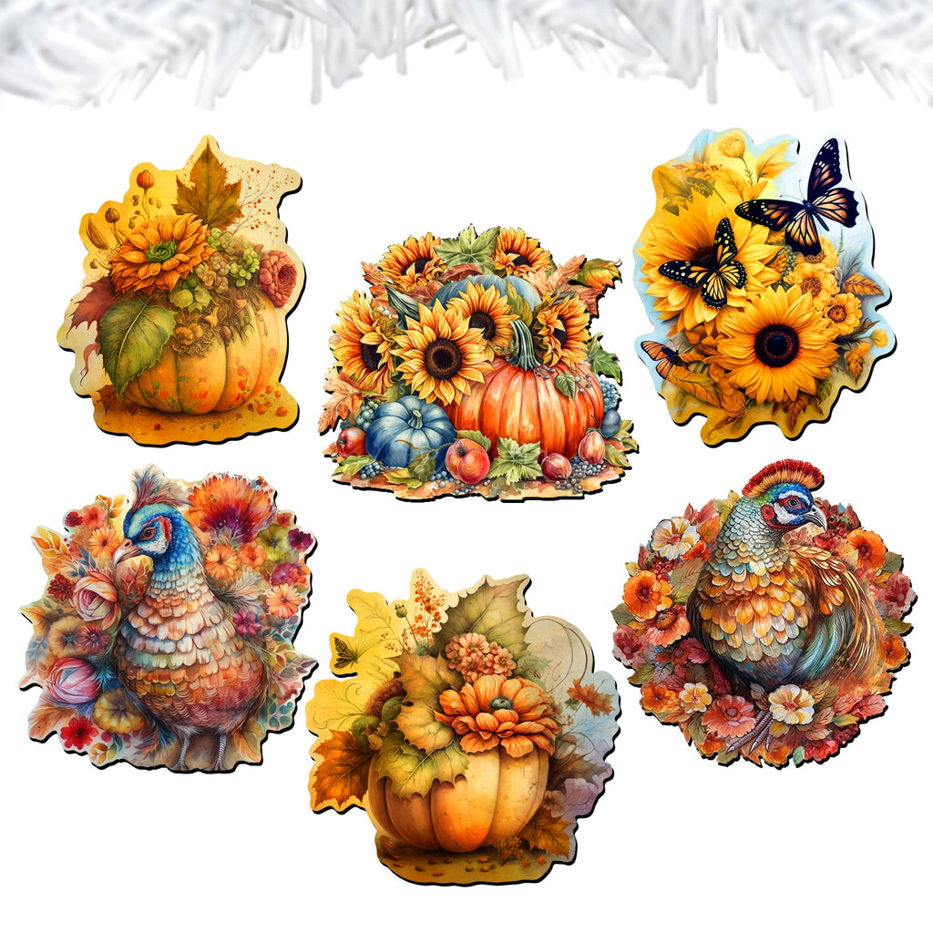 Happy Thanksgiving Clip-On Eco Wood Decorative Ornaments Set of 6 by G. Debrekht - Thanksgiving Decor - 8090018C-S6