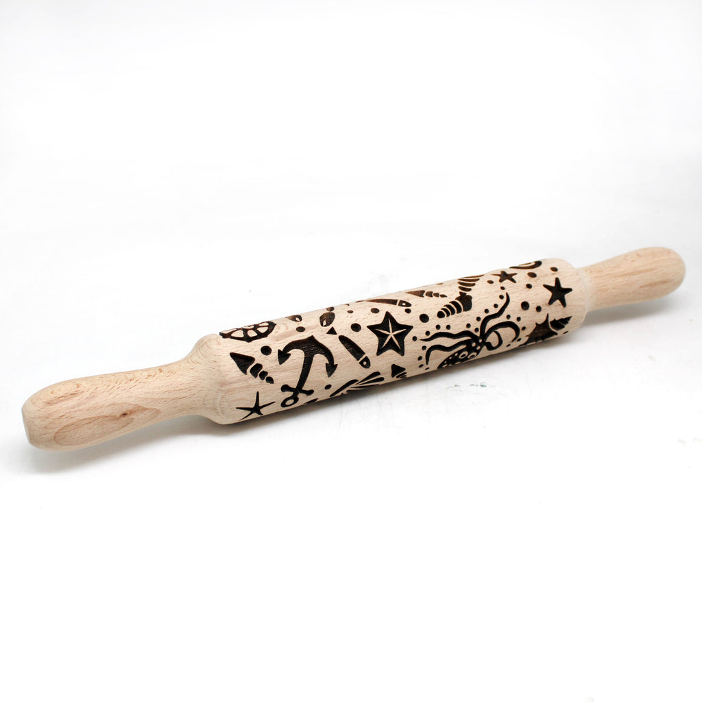 One-of-a-Kind Rolling Pin Marine Design with Wood Handles Solid Wood and Hand-Carved 13,5x2x2 by GDeBrekht - Unique Handcrafted