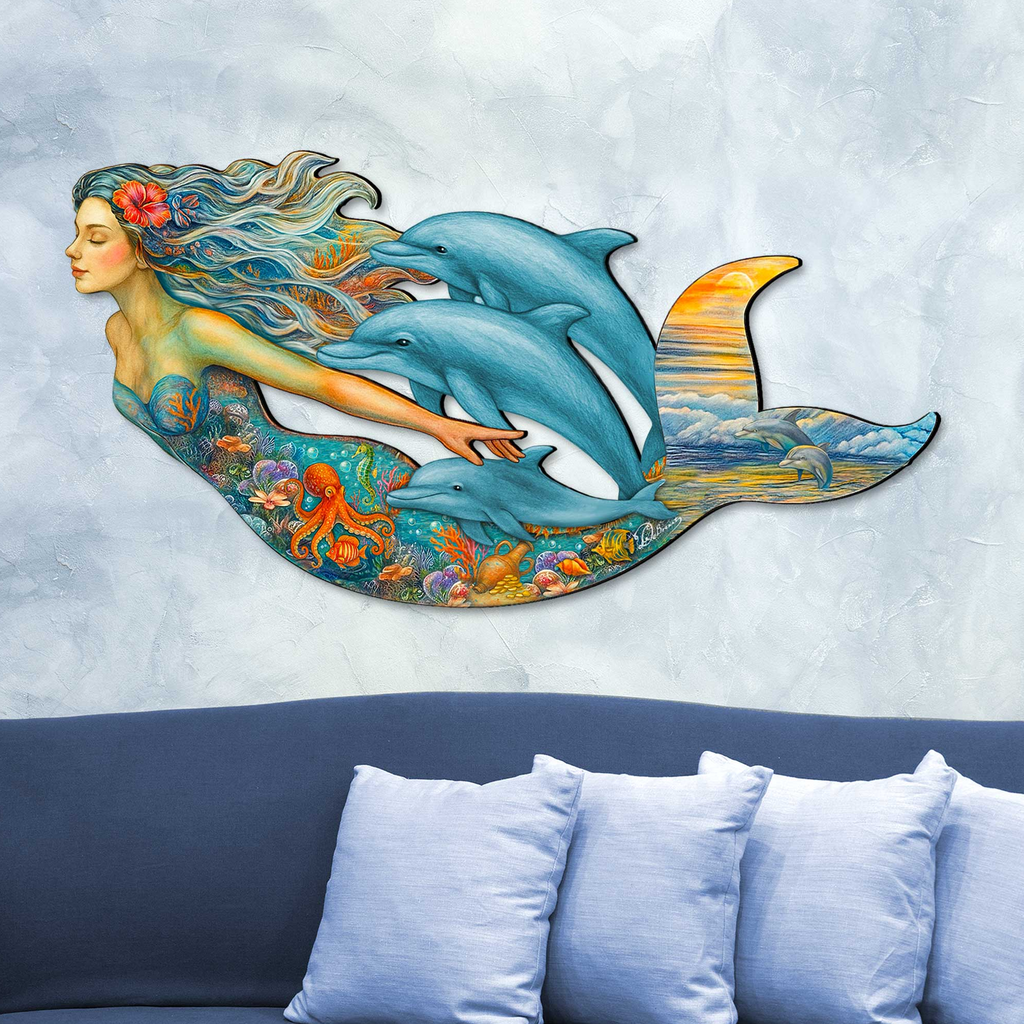 Handcrafted mermaid wall art with dolphins, coral reef, and ocean sunset, created by GDebrekht Artistic Studio. Features vibrant underwater details and flowing design, perfect for coastal wall decor, beach house accents, or ocean-themed gifts. Made in the USA, ideal for indoor display above couches or entryways. A unique piece of coastal holiday decor.