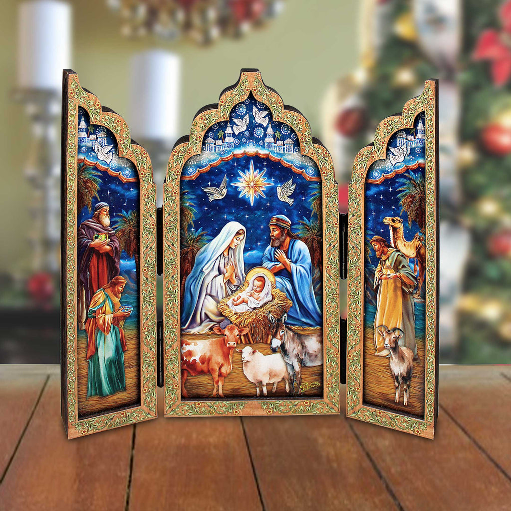 Christmas Story Wooden Tabletop Triptych - Nativity Holiday Decor - Limited Edition Centerpiece Figurine by G. Debrekht 89313-S3