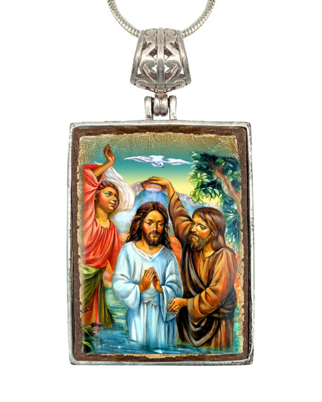 a religious scene with a central figure, likely Jesus, surrounded by two women, one of whom is holding a bird. The overall composition and the presence of religious symbols suggest this is a religious pendant or necklace.