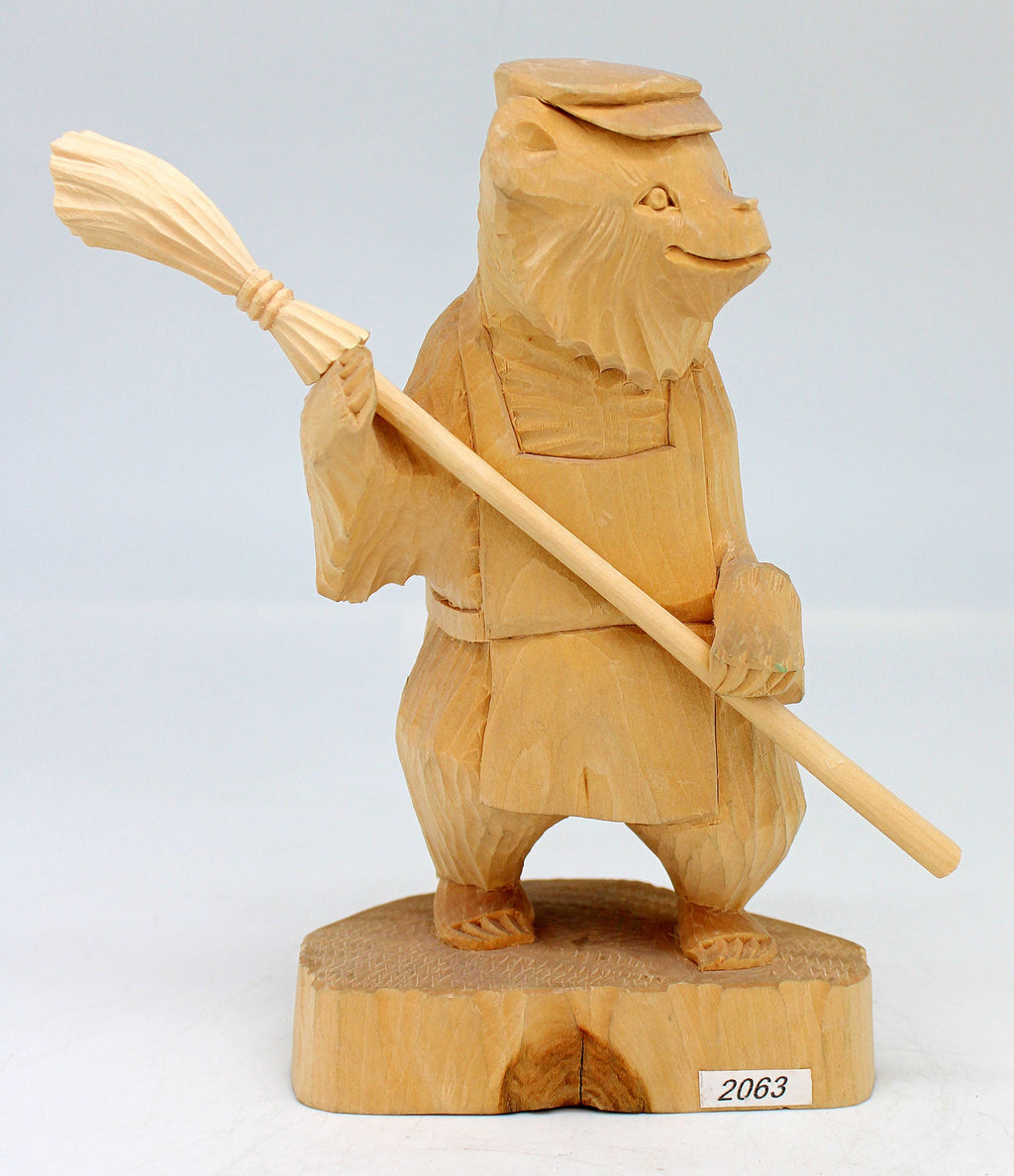 One-of-a-Kind Bear with a Broom Wood Carved Figurine 6.5