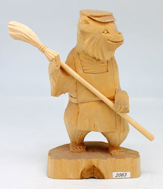 One-of-a-Kind Bear with a Broom Wood Carved Figurine 6.5