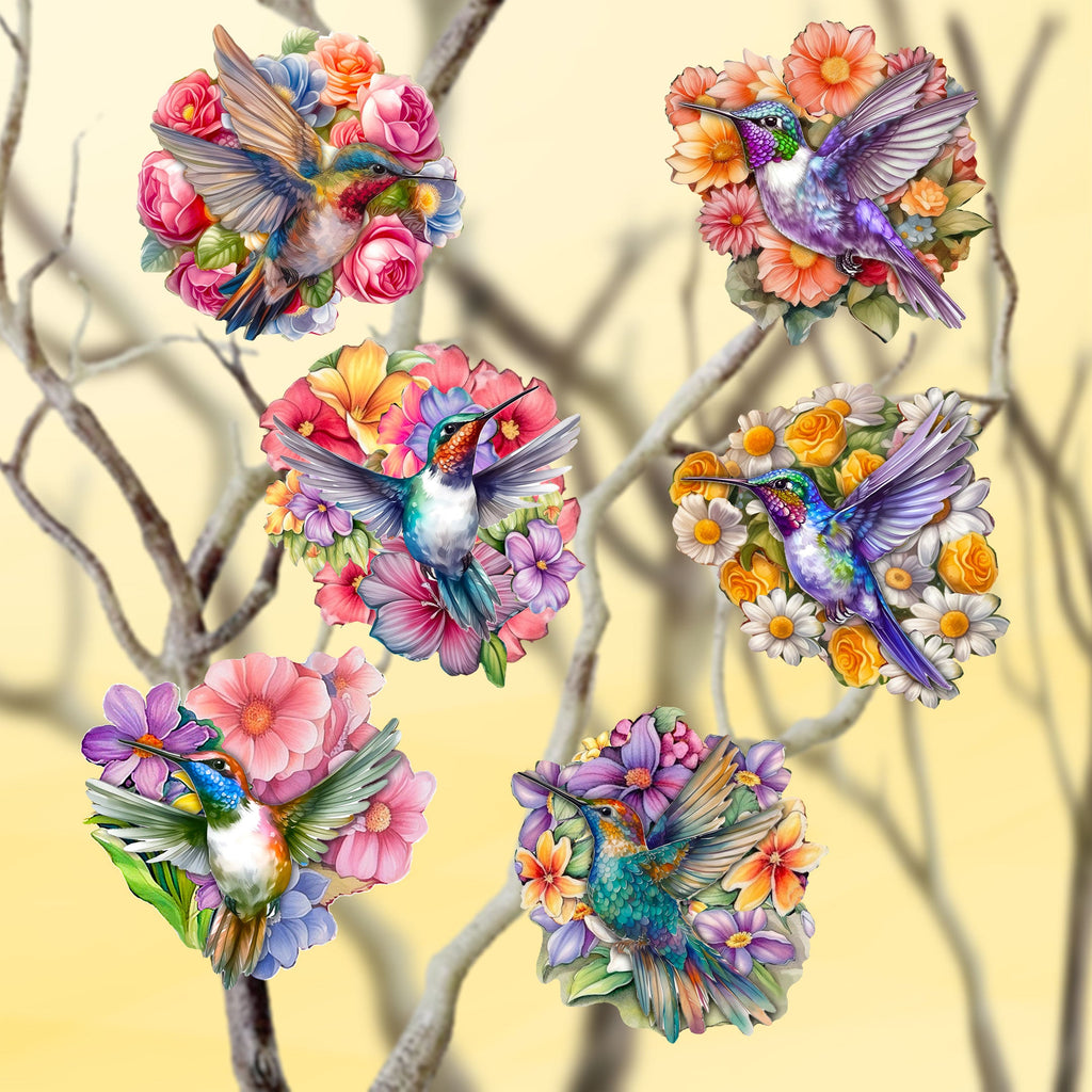Hummingbirds Clip-On Eco Wood Decorative Ornaments Set of 6 by G. Debrekht - Easter Spring Decor - 8090140C-S6