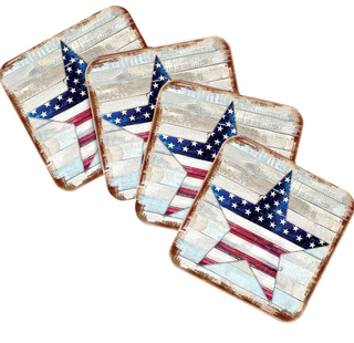 four square coasters with a design of a star and stripes, resembling the American flag.