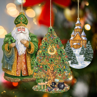 Santas Around the World - Irish Inspired Santa - Eco Wood Ornaments Set of 3 by G. DeBrekht Christmas Santa Snowman Decor - 8091306S3