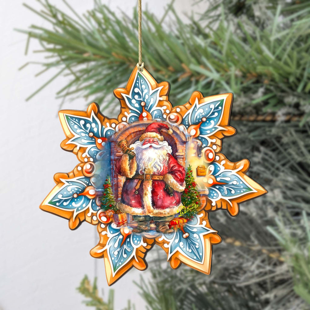 Santa with Bell Snowflake Large Wooden Ornament by G. Debrekht - Christmas Santa Snowman Decor - 8688419M