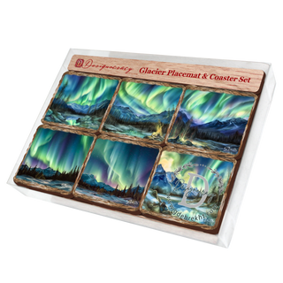 Northern Lights Wooden Cork Placemat and Coasters Gift Set of 7 by Nature Wonders Nature Wildlife Decor - 85401C-S7