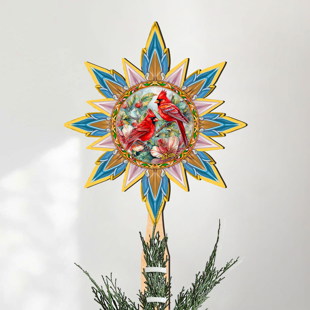 Christmas Cardinals Star Tree Topper Wooden Decor by G. Debrekht - Wildlife Holiday Decor - 89510