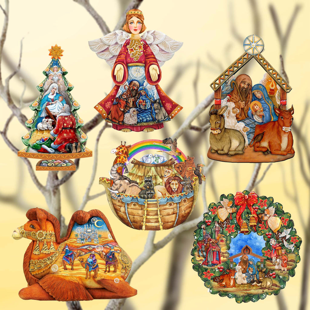 Nativity Clip-On Eco Wood Decorative Ornaments Set of 6 by G. Debrekht - Nativity Holiday Decor - 8090133C-S6