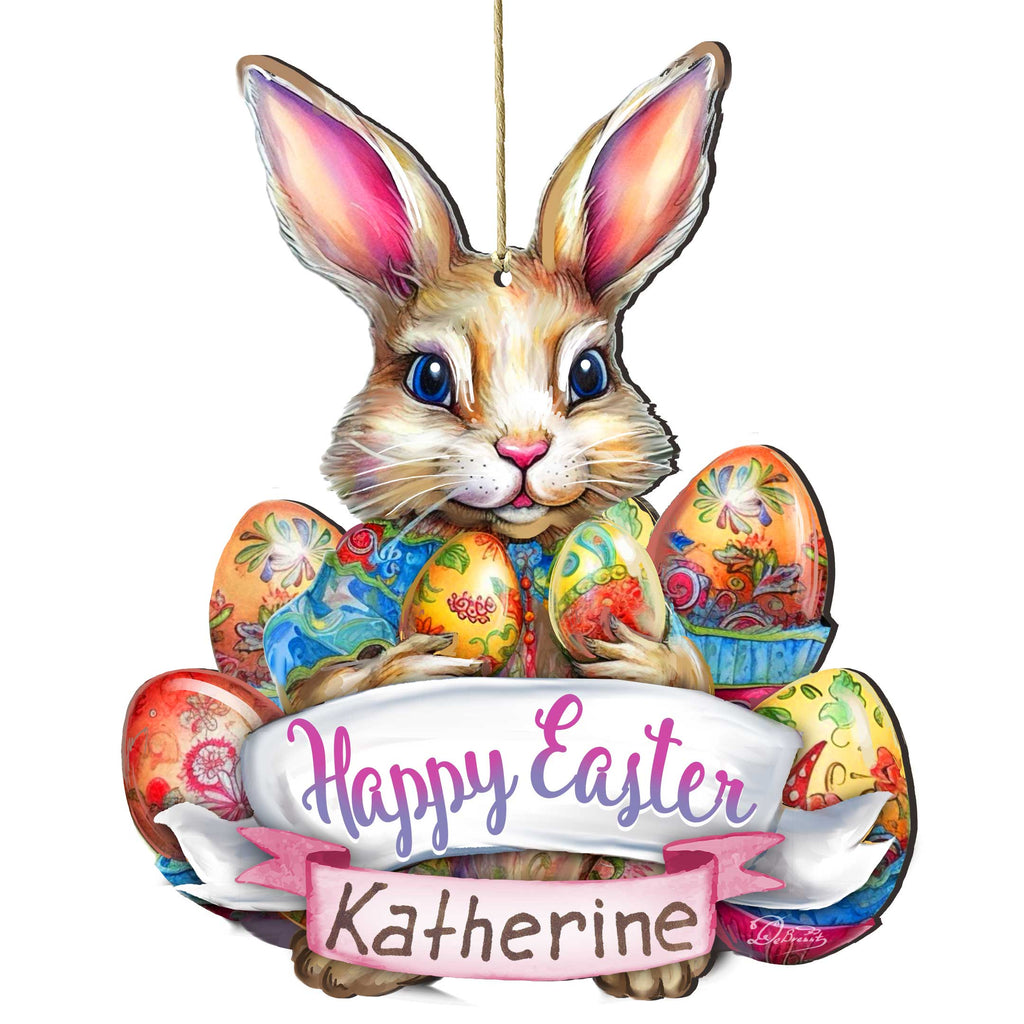 Personalized Easter Ornaments, Personalized Gift, Easter Basket Tag - Baby Name Happy Easter Bunny with Eggs Wooden Ornaments by G. Debrekht Easter Spring Decor - 8652785P