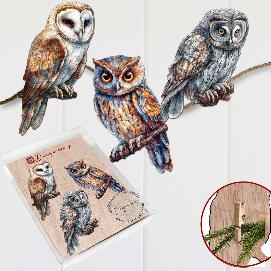 Night Owls Clip-On Eco Wood Decorative Ornaments Set of 3 by G. Debrekht - Wildlife Decor - 8091004C-S3