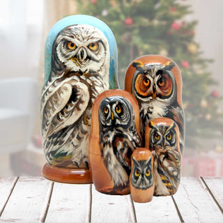 Forest Owls Wisdom Matreshka Nesting Hand-Painted Doll Set of 3 by G. DeBrekht - Wildlife Holiday Decor - 150011