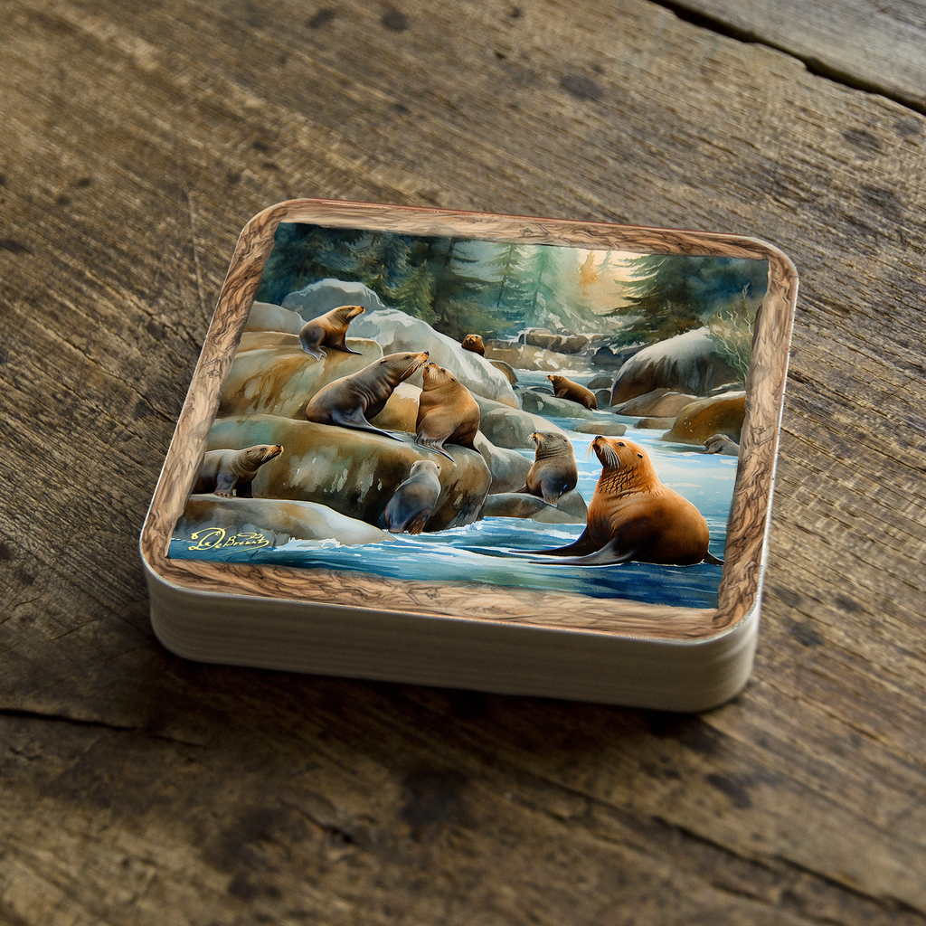 Coastal Sea Lions Wooden Cork Coasters Gift Set of 4 by Nature Wonders Nature Wildlife Decor - 95386C-S4