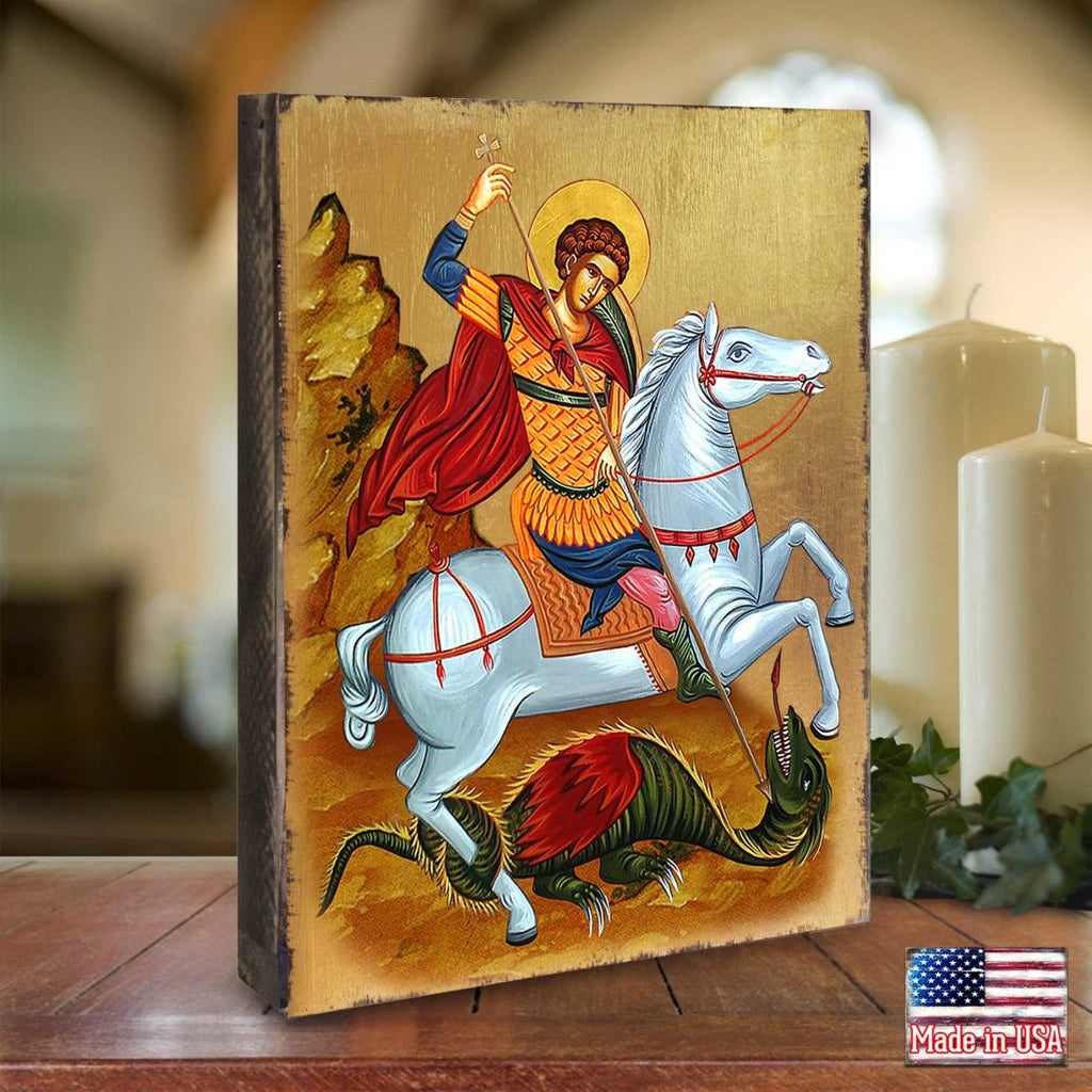 Saint George Wooden Gold Plated Religious Orthodox Sacred Icon - Inspirational Icon Decor - 85013