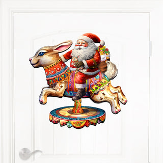 Santa Claus on Bunny Carousel Holiday Door Decor by G. Debrekht - Christmas Santa Snowman Decor - 8611067H