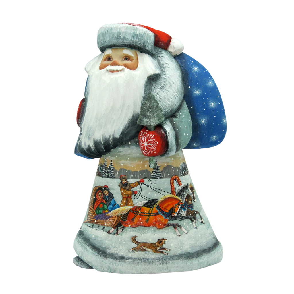 A hand-painted Christmas ornament depicting Santa Claus riding a sleigh pulled by reindeer, with a snowy winter landscape in the background.