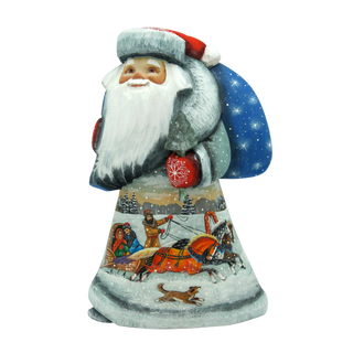A hand-painted Christmas ornament depicting Santa Claus riding a sleigh pulled by reindeer, with a snowy winter landscape in the background.