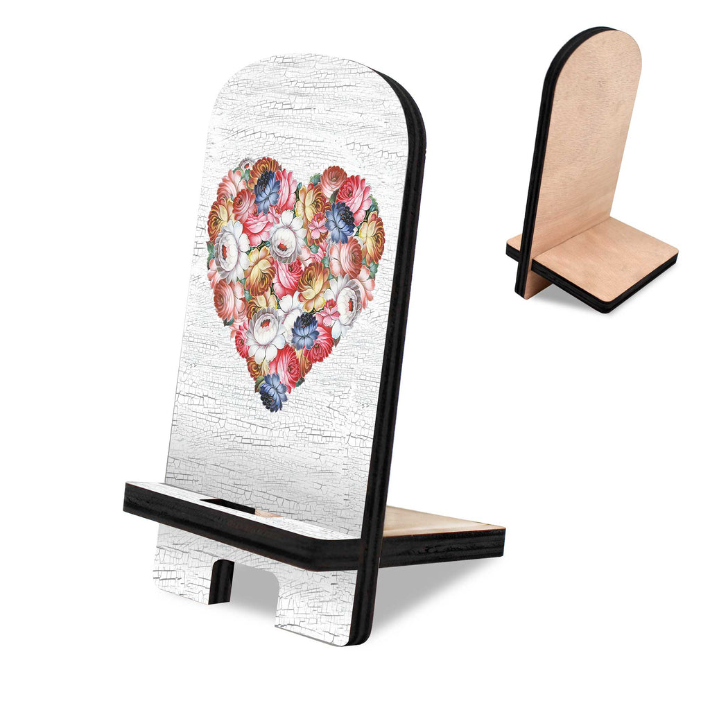 Flowers Heart Decor Cell Phone Stand Wood Mobile Tablet Holder Charging Station Organizer - 892036