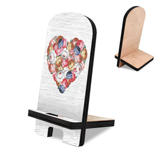 Flowers Heart Decor Cell Phone Stand Wood Mobile Tablet Holder Charging Station Organizer - 892036