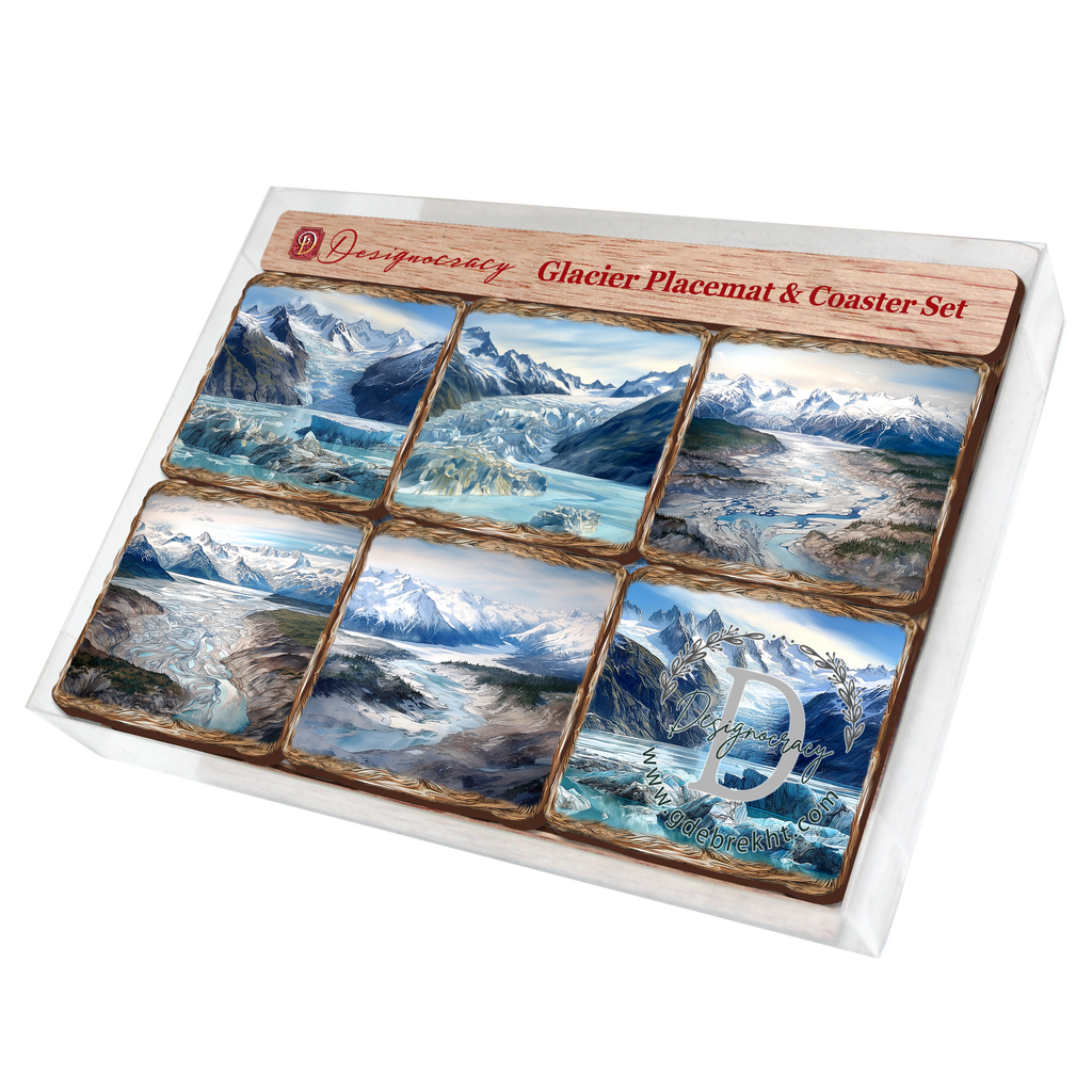 Glacier's Majesty Wooden Cork Placemat and Coasters Gift Set of 7 by Nature Wonders Nature Wildlife Decor - 85402C-S7