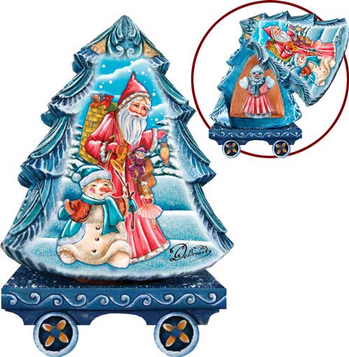 A decorative Christmas tree-shaped object with a painted scene depicting Santa Claus, a snowman, and a reindeer.